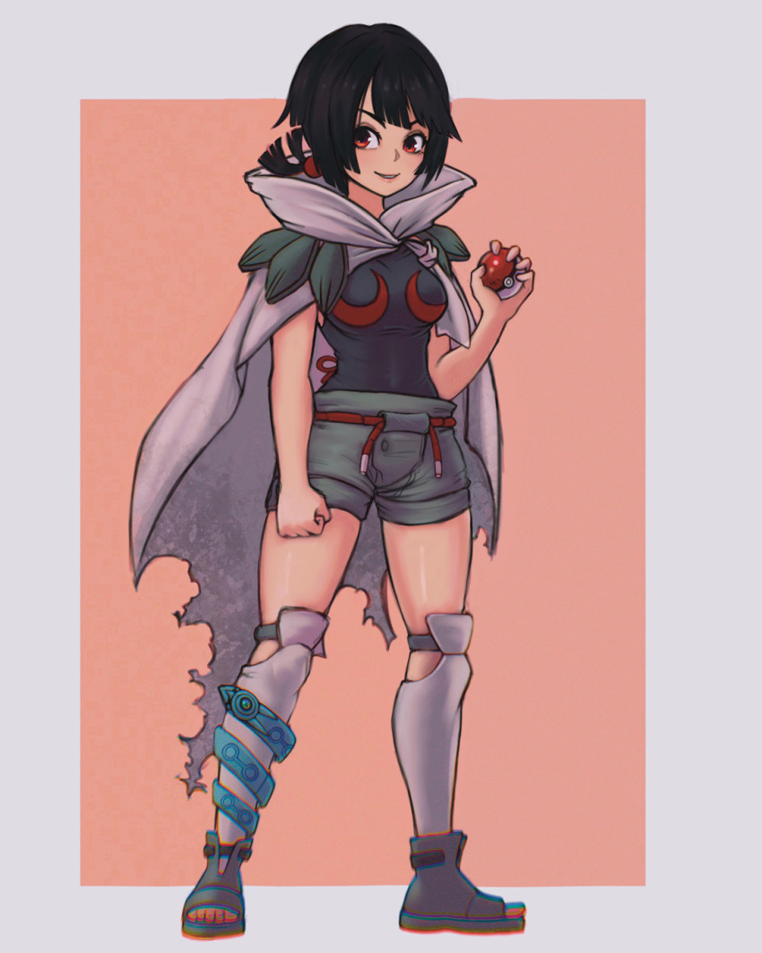 1girl azurdraws black_hair breasts cape creatures_(company) full_body game_freak grey_shorts highres holding holding_poke_ball nintendo over-kneehighs poke_ball poke_ball_(basic) pokemon pokemon_(creature) pokemon_oras red_eyes rope_belt short_ponytail shorts solo standing thighhighs torn_cape torn_clothes zinnia_(pokemon)