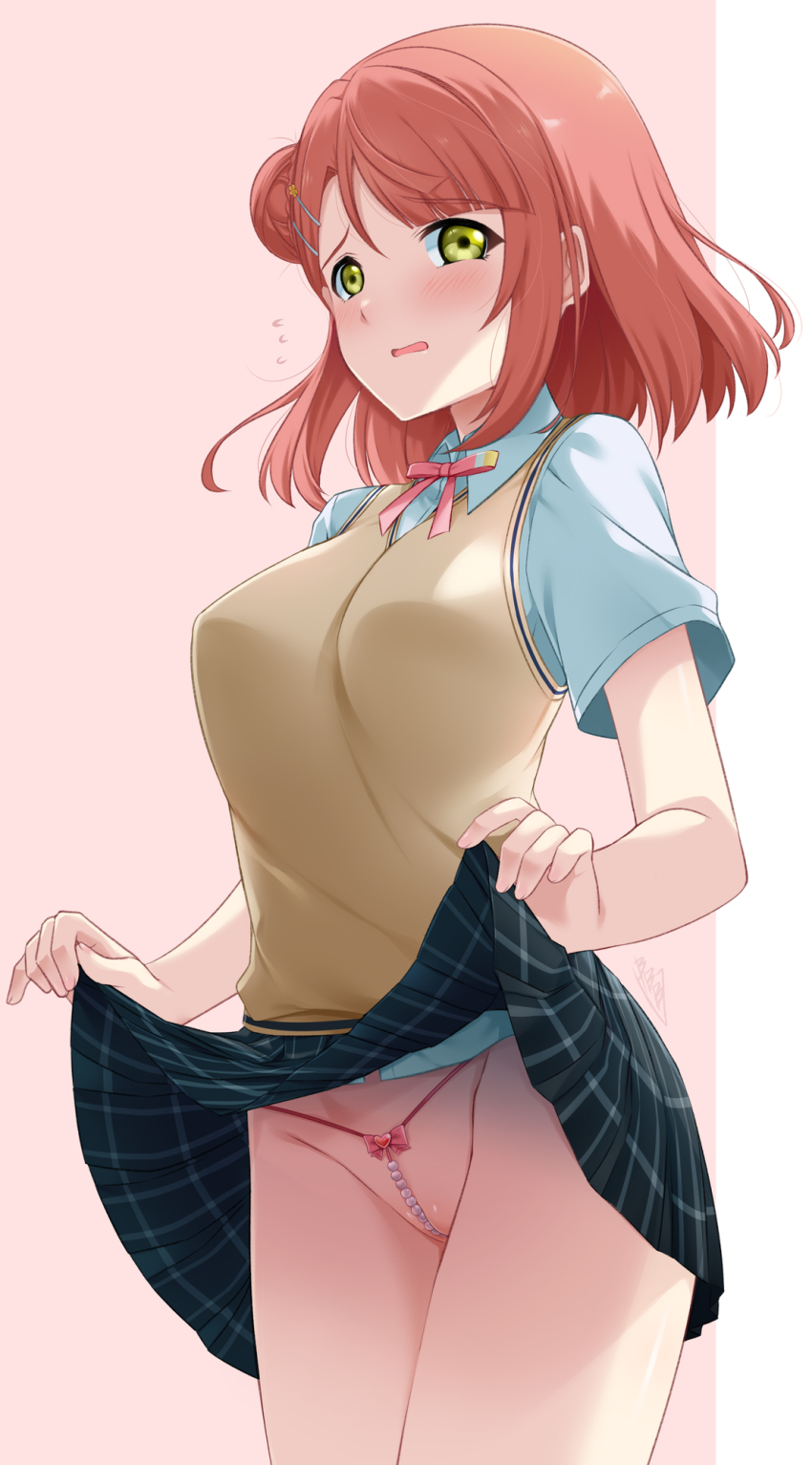 1girl blue_skirt blunt_bangs blush breasts bunji clothes_lift collared_shirt commentary embarrassed flying_sweatdrops hair_bun hair_ornament hairclip highres lifting_own_clothes looking_at_viewer love_live! love_live!_nijigasaki_high_school_idol_club medium_breasts medium_hair miniskirt neck_ribbon nijigasaki_school_uniform open_mouth orange_hair pearl_thong pink_background pink_ribbon plaid_clothes plaid_skirt pleated_skirt ribbon school_uniform shirt shirt_tucked_in short_sleeves simple_background single_side_bun skirt skirt_lift solo standing sweater_vest swept_bangs uehara_ayumu white_shirt yellow_eyes yellow_sweater_vest