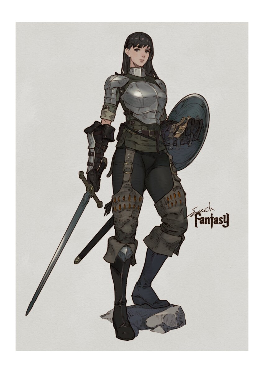 1girl absurdres armor black_pants boots border brown_hair english_text expressionless green_jacket grey_background highres jacket long_hair looking_at_viewer medieval original pants shield shoulder_armor solo sonech sword weapon white_border