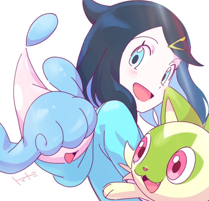 1girl :d black_hair blue_eyes blue_jacket blush colored_inner_hair commentary_request cowlick creatures_(company) game_freak gen_8_pokemon hair_ornament hairclip happy hatenna highres hood_basket jacket multicolored_hair nintendo open_mouth pokemon pokemon_(anime) pokemon_(creature) pokemon_horizons simple_background smile sprigatito swept_bangs tomatomi white_background