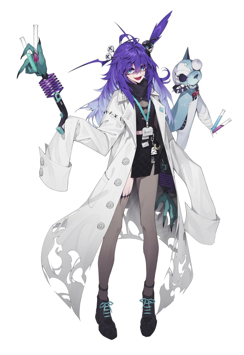 1girl absurdres ahoge asymmetrical_legwear bags_under_eyes black_footwear black_skirt blue_eyes coat dr.nova(e) flat_chest full_body hair_ornament highres id_card kamameshi_gougoumaru lab_coat lanyard long_hair long_sleeves looking_at_viewer mad_scientist messy_hair object_through_head open_mouth purple_hair screw_in_head shirt simple_background skirt sleeves_past_fingers sleeves_past_wrists solo stitches test_tube torn_clothes torn_coat turtleneck v4mirai virtual_youtuber white_background white_coat