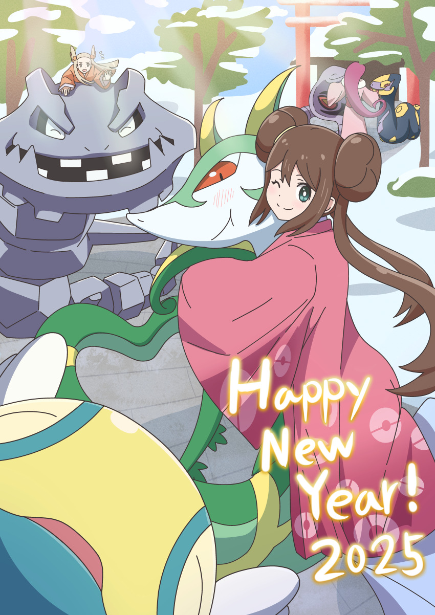 2025 3girls ;) absurdres alternate_costume arbok bright_pupils brown_hair closed_mouth cloud commentary_request creatures_(company) day double_bun dunsparce game_freak gen_1_pokemon gen_2_pokemon gen_3_pokemon gen_5_pokemon green_eyes hair_bun happy_new_year highres japanese_clothes jasmine_(pokemon) jessie_(pokemon) kimono long_hair multiple_girls new_year nintendo notice_lines one_eye_closed outdoors pink_kimono pokemon pokemon_(anime) pokemon_(creature) pokemon_bw2 pokemon_hgss riding riding_pokemon rosa_(pokemon) serperior seviper shiro_shiki sky smile snow split_mouth steelix tree twintails white_pupils winter