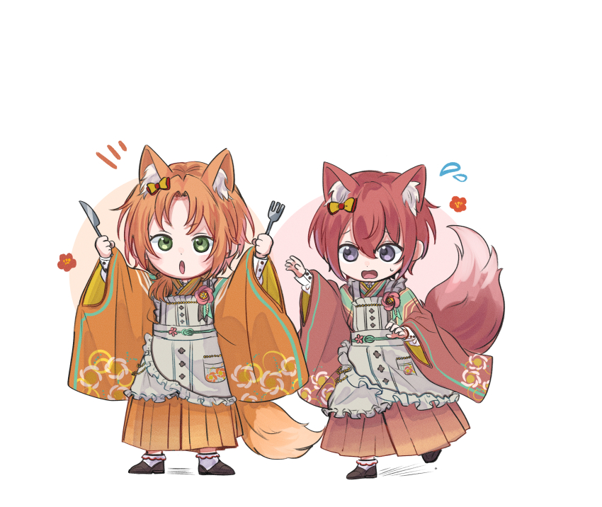 2boys :o alternate_costume apron arms_up bishounen black_footwear bobby_socks bow curtained_hair deformed dot_nose double-parted_bangs ensemble_stars! extra_ears flower flower_(symbol) flower_brooch flower_button flying_sweatdrops fork fox_boy fox_tail frilled_apron frills full_body furisode_sleeves furrowed_brow green_eyes green_trim hair_between_eyes hair_bow hair_over_shoulder hakama hakama_pants highres holding holding_fork holding_knife japanese_clothes kemonomimi_mode kimono_collar knife koi_koi_cafe_(ensemble_stars!) layered_apron layered_sleeves long_sleeves looking_at_another looking_up male_focus medium_hair multiple_boys obnn_o open_mouth orange_pants orange_shirt pants pink_flower pocket purple_eyes reaching reaching_towards_another red_pants red_shirt red_tail sash shirt shoes short_eyebrows short_hair short_ponytail sideways_glance simple_background socks standing standing_on_one_leg straight-on striped_clothes striped_shirt suou_tsukasa sweatdrop tail tsukinaga_leo upturned_eyes waist_sash wavy_mouth white_apron white_background white_sash white_socks wide_shot wide_sleeves yellow_bow yellow_tail