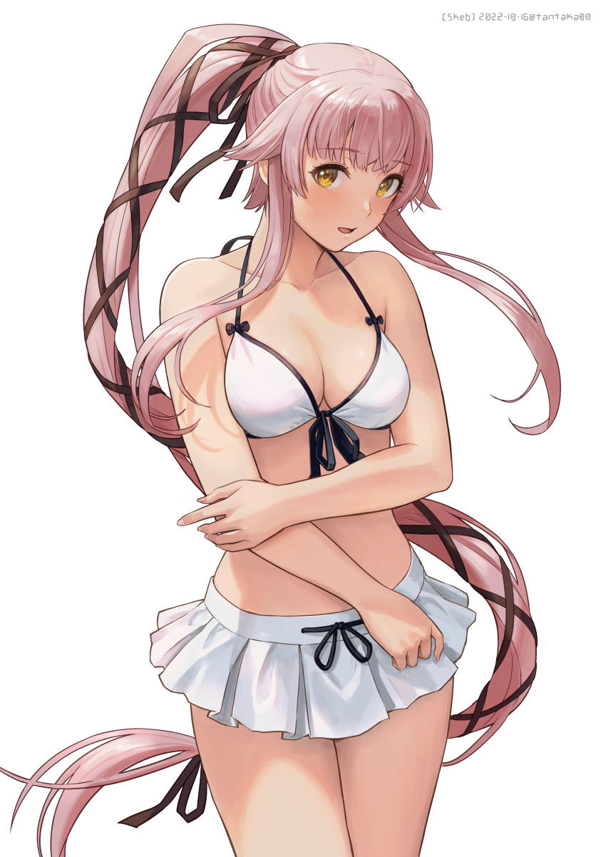 1girl absurdres bare_arms bare_legs bare_shoulders bikini blush breasts collarbone commission cowboy_shot embarrassed highres kantai_collection long_hair medium_breasts open_mouth pink_hair ponytail simple_background skeb_commission solo swimsuit tantaka very_long_hair white_background white_bikini yellow_eyes yura_(kancolle)