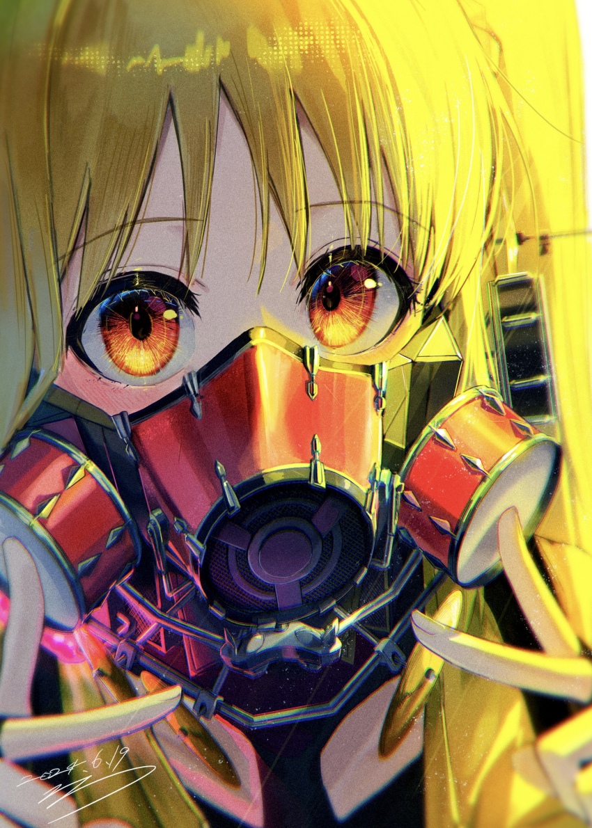 1girl absurdres blonde_hair bocchi_the_rock! brown_eyes close-up dated highres ijichi_nijika long_hair looking_at_viewer mask respirator seisyuntarotto side_ponytail signature solo