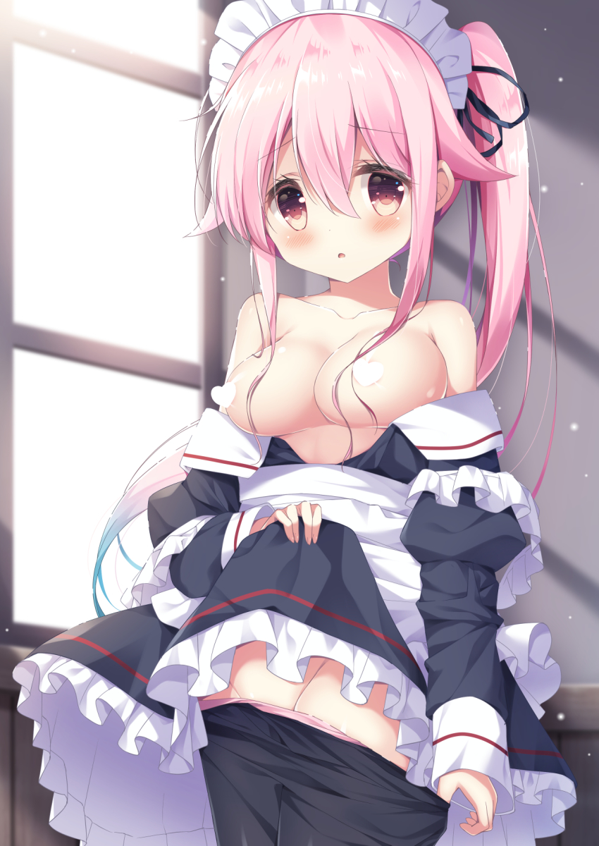 1girl alternate_costume apron black_pantyhose blush breasts censored dress hair_between_eyes hair_ornament harusame_(kancolle) harusame_(maid)_(kancolle) heart heart_censor highres kantai_collection long_hair long_sleeves looking_at_viewer maid maid_headdress medium_breasts no_bra open_mouth pantyhose pink_eyes pink_hair satsuki_yukimi side_ponytail solo window