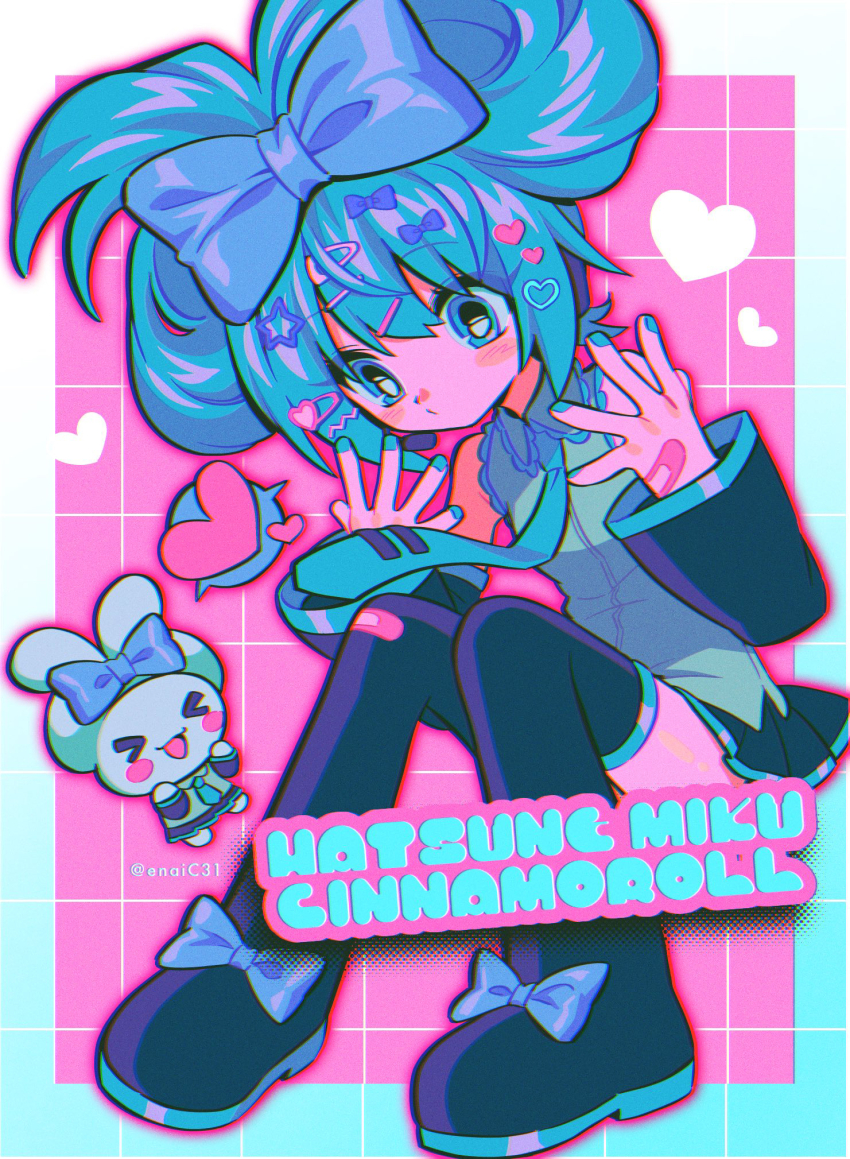 &gt;_&lt; 1girl aqua_hair bandaid bandaid_on_hand black_sleeves blue_bow blue_bowtie bow bowtie cinnamiku cinnamon_roll cinnamoroll detached_sleeves fuwa_fuwa_cinnamoroll hair_bow hair_ornament hairclip hatsune_miku heart heart_hair_ornament highres long_hair menma_(enaic31) multiple_hair_bows necktie pink_background sanrio star_(symbol) star_hair_ornament updo vocaloid