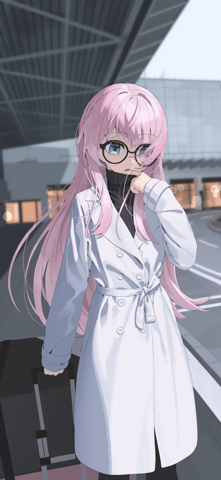 1girl absurdres bang_dream! bang_dream!_it&#039;s_mygo!!!!! black-framed_eyewear black_sweater blurry blurry_background chihaya_anon coat commentary day glasses grey_eyes highres long_hair long_sleeves open_mouth outdoors pink_hair rolling_suitcase rui_(rei_leyi) solo suitcase sweater turtleneck turtleneck_sweater white_coat