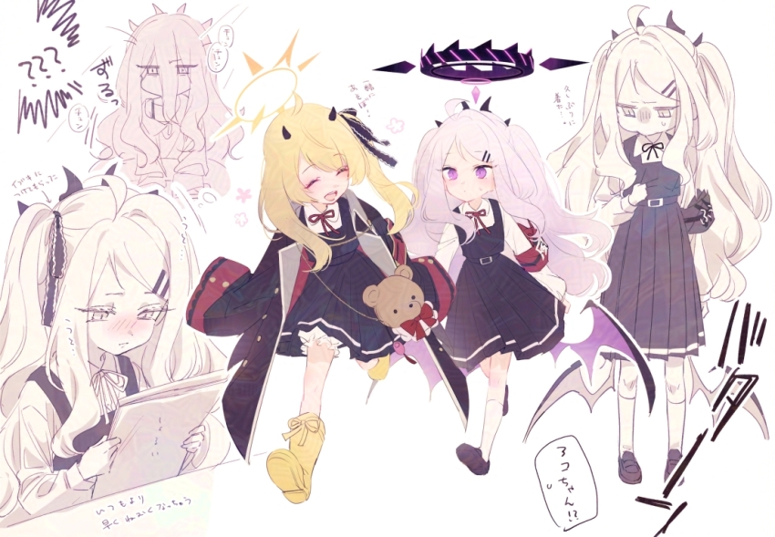 2girls aged_down black_dress blonde_hair blue_archive blush boots closed_eyes demon_girl demon_horns demon_wings dress forehead hair_between_eyes hair_ornament hairclip hina_(blue_archive) holding holding_hands holding_paper horns ibuki_(blue_archive) long_hair looking_at_another multiple_girls open_mouth ouri_(aya_pine) paper purple_shoes red_ribbon ribbon shirt shoes sidelocks sleeves_past_fingers sleeves_past_wrists two_side_up white_hair white_shirt wings yellow_boots