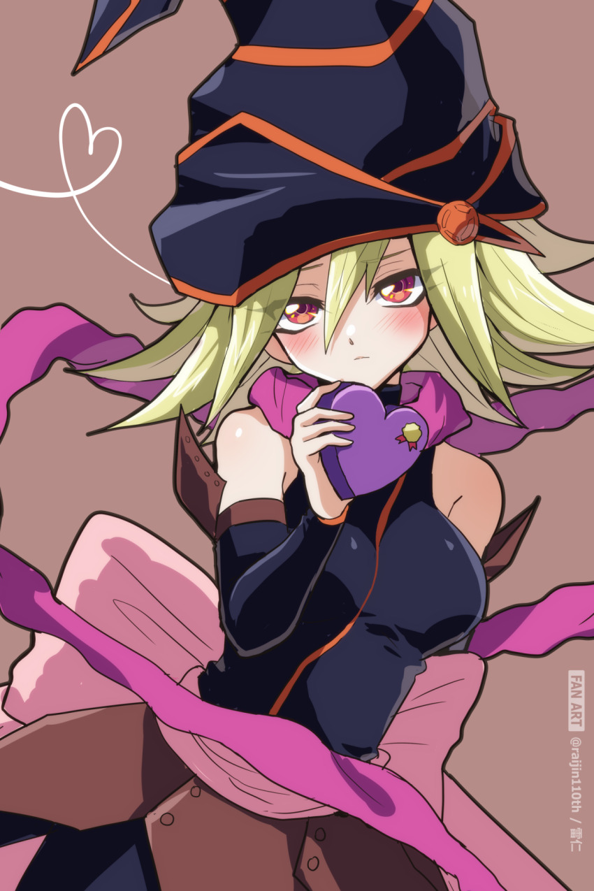 1girl black_shirt blonde_hair blush breasts brown_background closed_mouth detached_sleeves duel_monster eyelashes gagaga_girl hair_between_eyes hat heart highres holding holding_heart large_breasts long_hair looking_at_viewer raijin-bh red_eyes shirt solo wizard_hat yu-gi-oh!