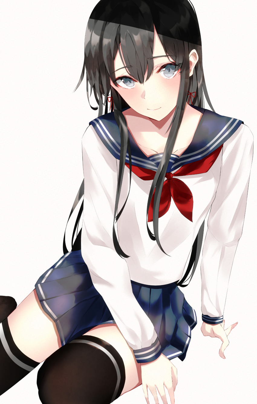 1girl absurdres black_hair blue_eyes blush highres ka1se1 long_hair school_uniform serafuku sitting smile solo thighhighs white_background yahari_ore_no_seishun_lovecome_wa_machigatteiru. yukinoshita_yukino