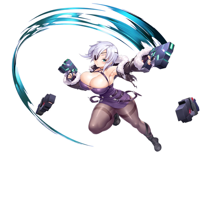 1girl action_taimanin aina_winchester aqua_eyes breasts cleavage cleavage_cutout clothing_cutout eyepatch highres holding holding_weapon huge_breasts large_breasts lilith-soft official_art pantyhose potion_(moudamepo) short_hair simple_background solo taimanin_(series) taimanin_rpgx weapon white_background white_hair