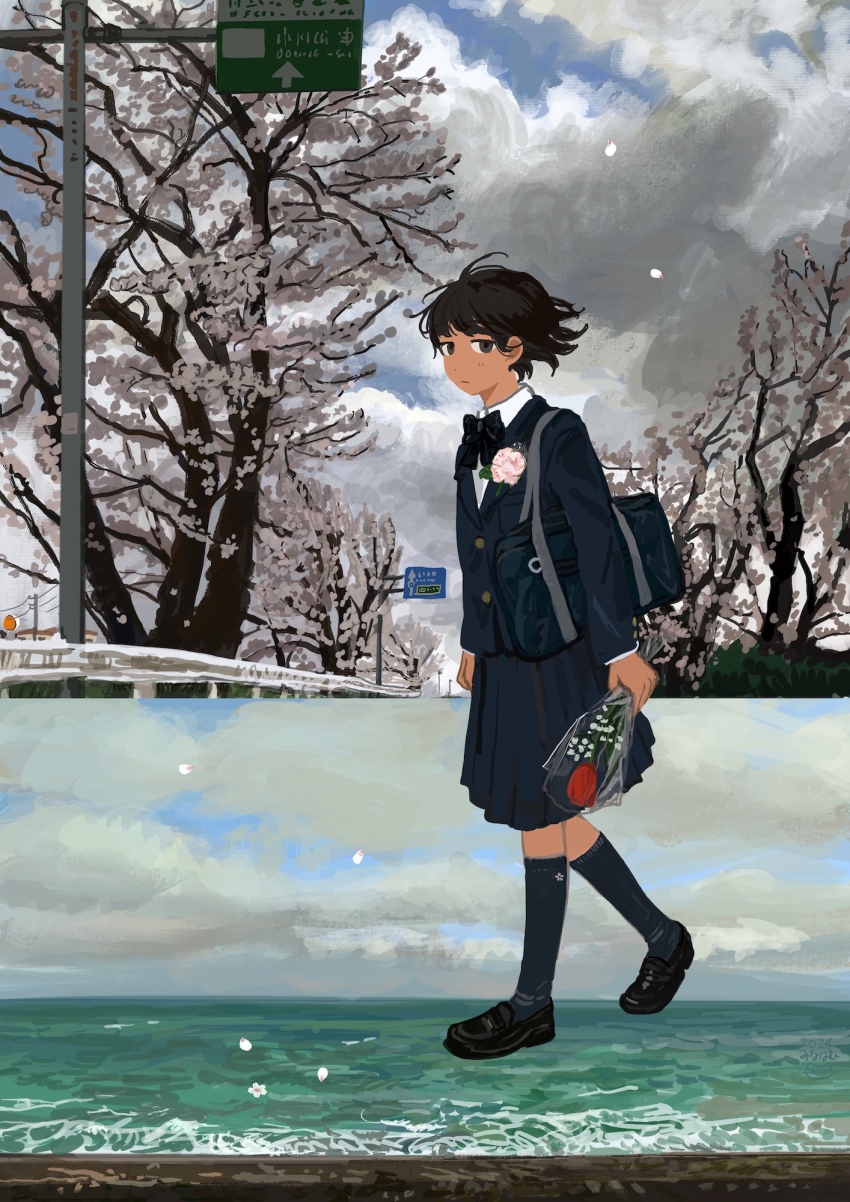 1girl bag black_footwear black_jacket black_skirt black_socks blue_sky cloud cloudy_sky day flower highres jacket kneehighs minahamu original outdoors red_flower red_rose rose school_bag school_uniform short_hair skirt sky socks solo tree walking