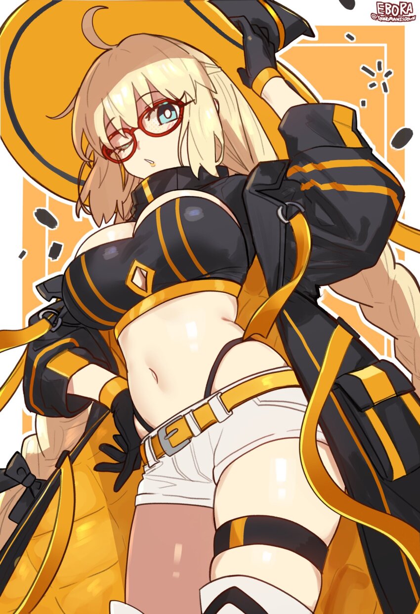 1girl aesc_(exhibition_attire)_(fate) aesc_(fate) aesc_(rain_witch)_(fate) ahoge artist_logo black_gloves black_hat blonde_hair blue_eyes braid braided_twintails breasts commentary crop_top ebora fate/grand_order fate_(series) glasses gloves hand_on_headwear hand_on_own_hip hat highleg highleg_panties highres large_breasts logo long_hair looking_at_viewer navel official_alternate_costume one_eye_closed panties panty_straps red-framed_eyewear short_shorts shorts skindentation solo thigh_strap twin_braids underwear white_shorts witch_hat