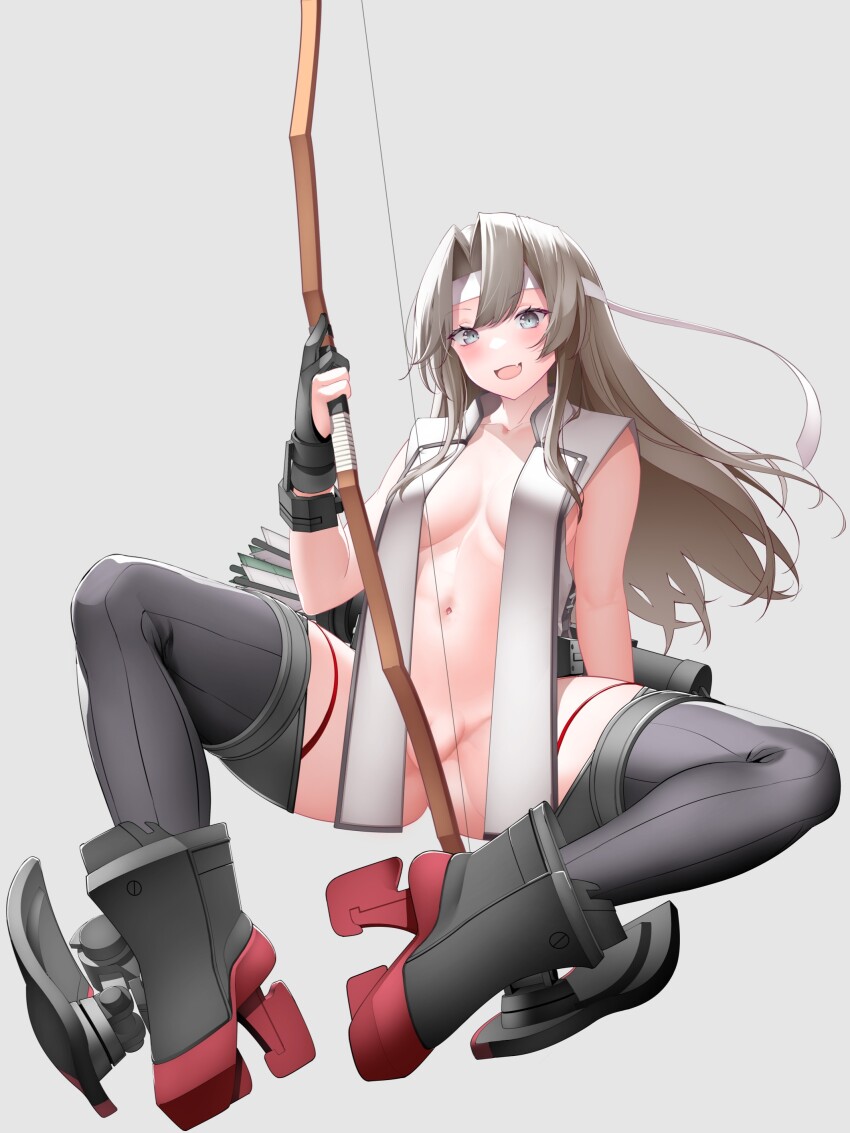 1girl absurdres arrow_(projectile) black_gloves boots bow_(weapon) breasts convenient_censoring fang gloves green_eyes grey_hair hachimaki hair_between_eyes headband highres holding holding_bow_(weapon) holding_weapon kantai_collection kirigakure_(kirigakure_tantei_jimusho) long_hair looking_at_viewer medium_breasts navel partially_fingerless_gloves quiver rudder_footwear sitting skin_fang solo spread_legs thigh_boots very_long_hair weapon white_headband yumi_(bow) zuikaku_(kancolle) zuikaku_kai_ni_(decisive_battle)_(kancolle) zuikaku_kai_ni_(kancolle)