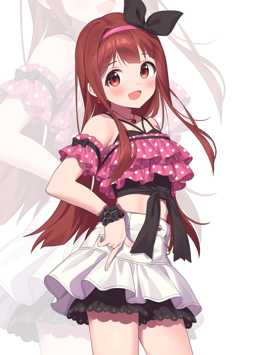 1girl :d bare_shoulders black_ribbon black_shorts blush brown_hair chobi_(penguin_paradise) collarbone commentary_request crop_top earrings hair_ribbon hairband heart heart_necklace highres idolmaster idolmaster_million_live! jewelry looking_at_viewer midriff necklace open_mouth pink_hairband polka_dot red_eyes ribbon short_shorts shorts shorts_under_skirt skirt smile solo tanaka_kotoha white_skirt wrist_cuffs zoom_layer