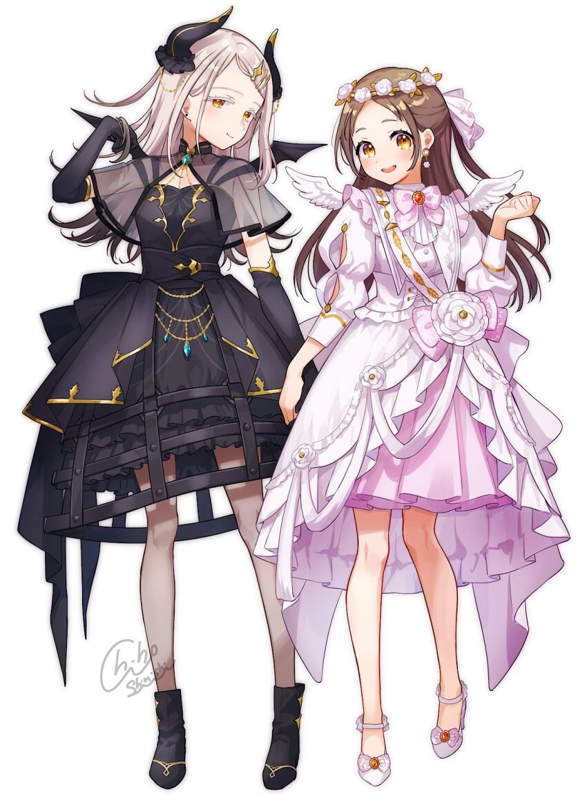 2girls ankle_boots belly_chain black_dress black_footwear black_gloves blue_brooch blush boots bow bowtie breasts brown_eyes brown_hair clenched_hand closed_mouth clothing_cutout colored_eyelashes demon_horns demon_wings dress earrings elbow_gloves fake_horns fake_wings feathered_wings flat_chest flipped_hair flower flower_wreath frilled_dress frills full_body gakuen_idolmaster gloves gold_trim grey_hair hair_ornament hairclip hand_up high_heels highres horns idolmaster jewelry kuramoto_china long_hair long_sleeves looking_at_viewer multiple_girls open_mouth orange_eyes parted_bangs pink_bow pink_bowtie pink_dress pink_footwear red_brooch see-through_clothes see-through_sleeves shinishi_chiho shinosawa_hiro signature simple_background small_breasts smile standing white_background white_flower wings