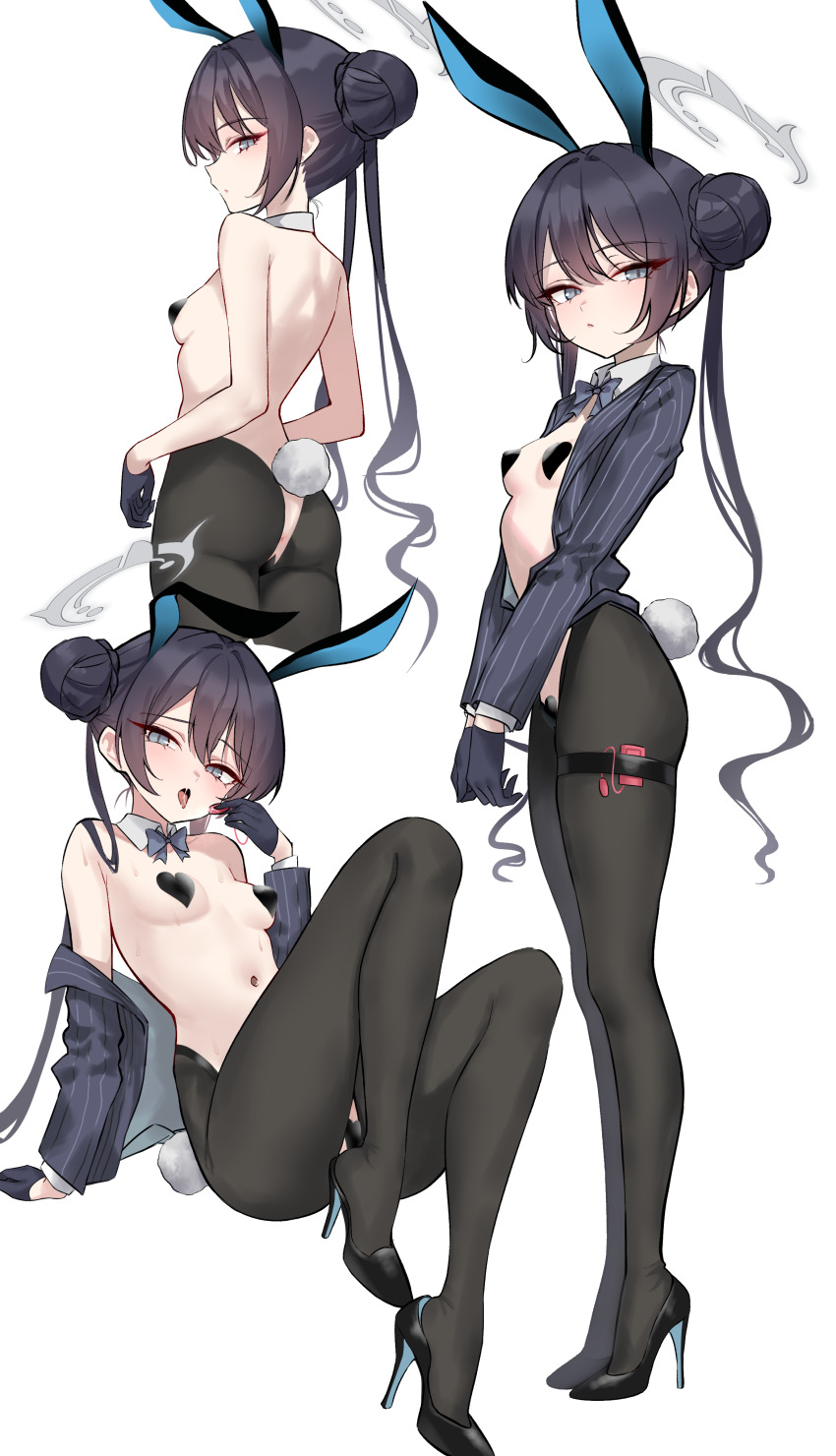 1girl absurdres anus ass black_gloves black_hair black_pantyhose blue_archive blush bow bowtie braid braided_bun breasts crotchless crotchless_pantyhose detached_collar double_bun fake_tail full_body gloves grey_eyes grey_jacket hair_bun halo heart_maebari heart_pasties high_heels highres jacket kisaki_(blue_archive) long_hair long_sleeves looking_at_viewer looking_back maebari meme_attire multiple_views navel off_shoulder open_mouth pantyhose pasties pinstripe_pattern rabbit_tail reverse_bunnysuit reverse_outfit sex_toy shigure_s small_breasts tail thigh_strap thighs tongue tongue_out topless twintails vibrator