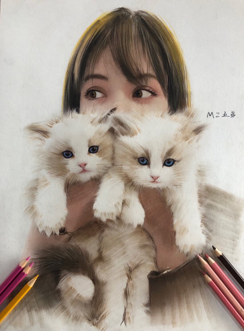 1girl animal art_tools_in_frame blackpink brown_eyes brown_hair cat colored_pencil_(medium) highres holding holding_animal holding_cat liliboymz lisa_(blackpink) long_bangs looking_to_the_side sketch traditional_media