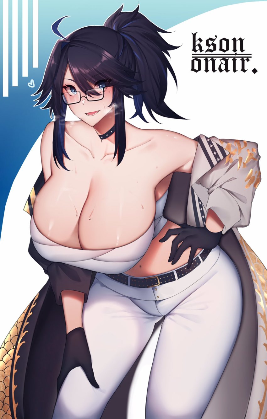 1girl belt black_hair breasts character_name cleavage glasses hand_on_own_hip hand_on_thigh heavy_breathing highres huge_breasts indie_virtual_youtuber jacket kson mole mole_under_eye navel open_clothes open_jacket pants ponytail sarashi solo sweat unbeller virtual_youtuber