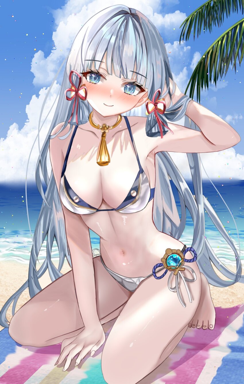 1girl alternate_costume ayaka_(genshin_impact) bare_shoulders beach bikini blue_eyes blue_gemstone blue_hair blue_sky blush breasts cleavage cloud collarbone commentary_request day feet fingernails full_body gem genshin_impact hand_in_own_hair hand_up highres light_blue_hair long_hair looking_at_viewer medium_breasts mitsu336 navel neck_tassel outdoors panties seiza sitting sky smile solo stomach swimsuit toenails toes underwear very_long_hair white_bikini white_panties