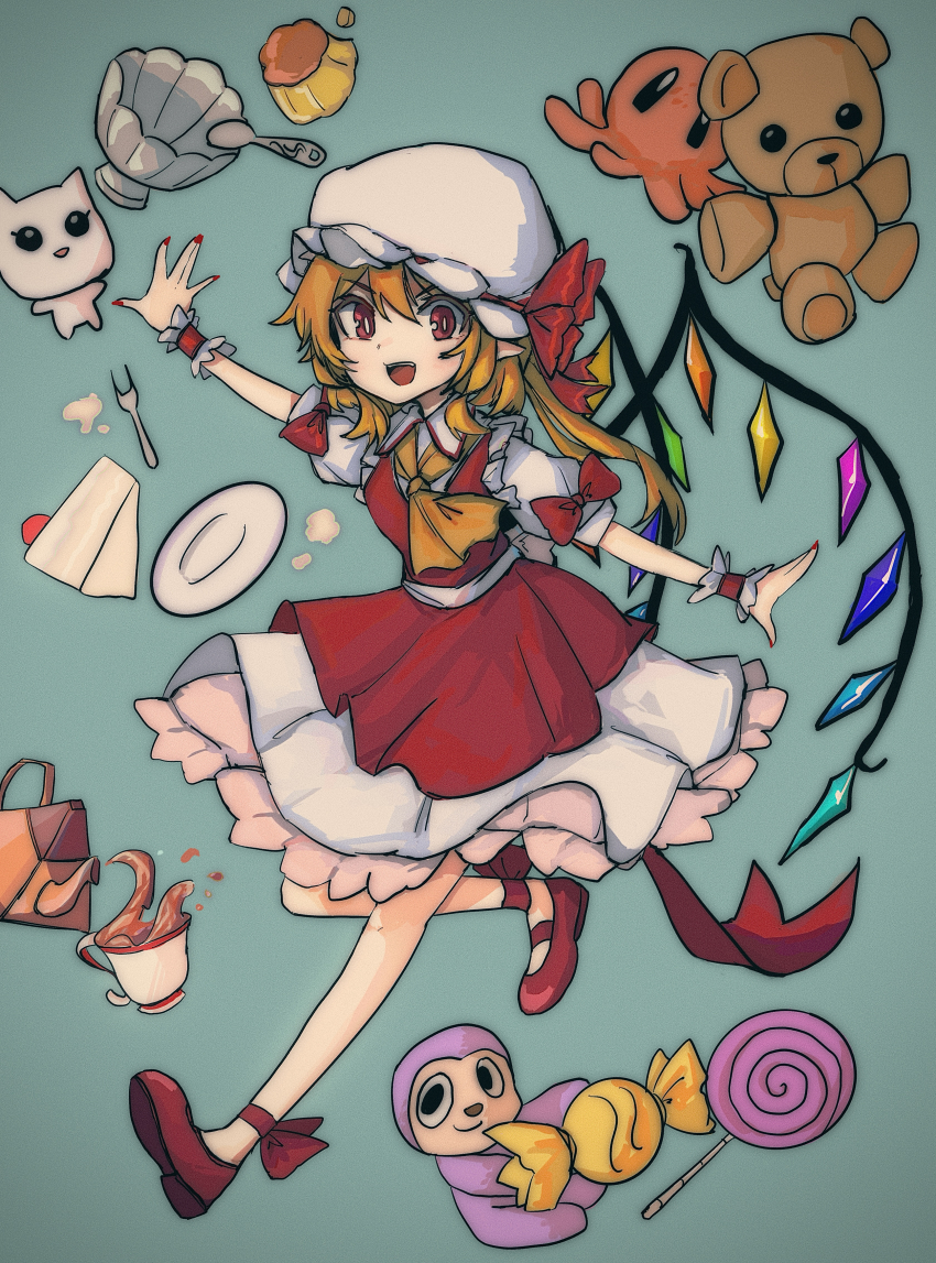 1girl absurdres ascot blonde_hair candy crystal_wings cup dress flandre_scarlet food frilled_dress frills full_body hat highres lollipop mary_janes mob_cap open_mouth red_eyes red_shoes shoes side_ponytail smieska solo stuffed_animal stuffed_toy stunionjy teacup teddy_bear touhou white_hat wrist_cuffs yellow_ascot