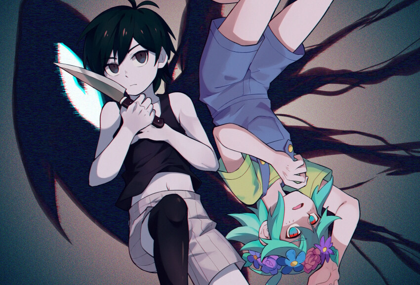 2boys basil_(headspace)_(omori) basil_(omori) black_eyes black_hair black_tank_top black_thighhighs blue_overalls brick_st closed_mouth colored_skin flower green_eyes green_hair green_shirt head_wreath highres looking_at_viewer multiple_boys omori omori_(omori) open_mouth overall_shorts overalls shirt short_hair short_sleeves something_(omori) tank_top thighhighs white_skin