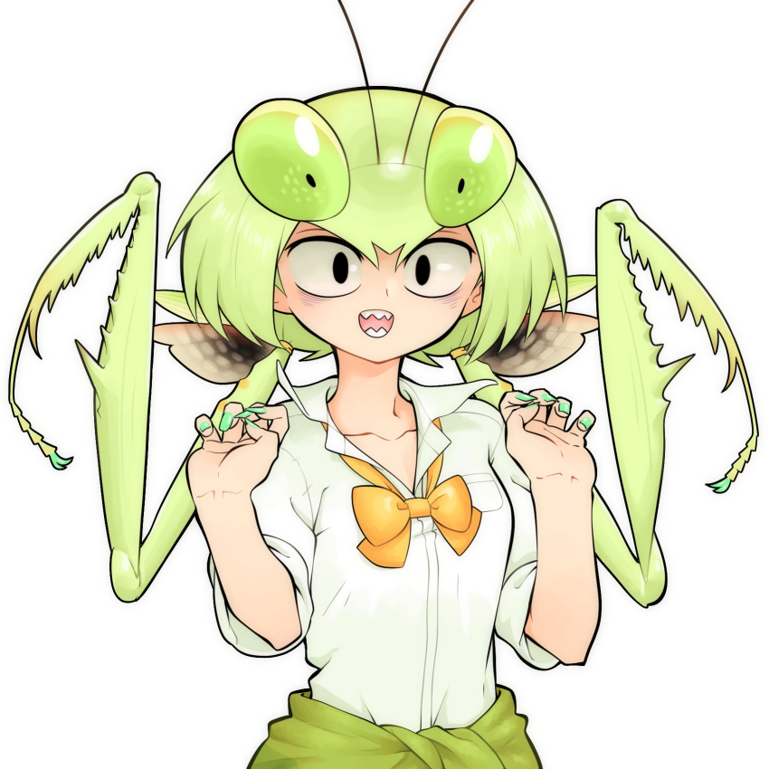 1girl antennae arthropod_girl bags_under_eyes black_eyes bow bowtie clothes_around_waist collared_shirt evolvingmonkey extra_arms extra_eyes female_focus green_hair green_nails hands_up highres looking_at_viewer mantis_akiyama mantis_girl monster_girl nail_polish original praying_mantis school_uniform sharp_teeth shirt simple_background sleeves_rolled_up solo sweater sweater_around_waist teeth twintails upper_body white_background