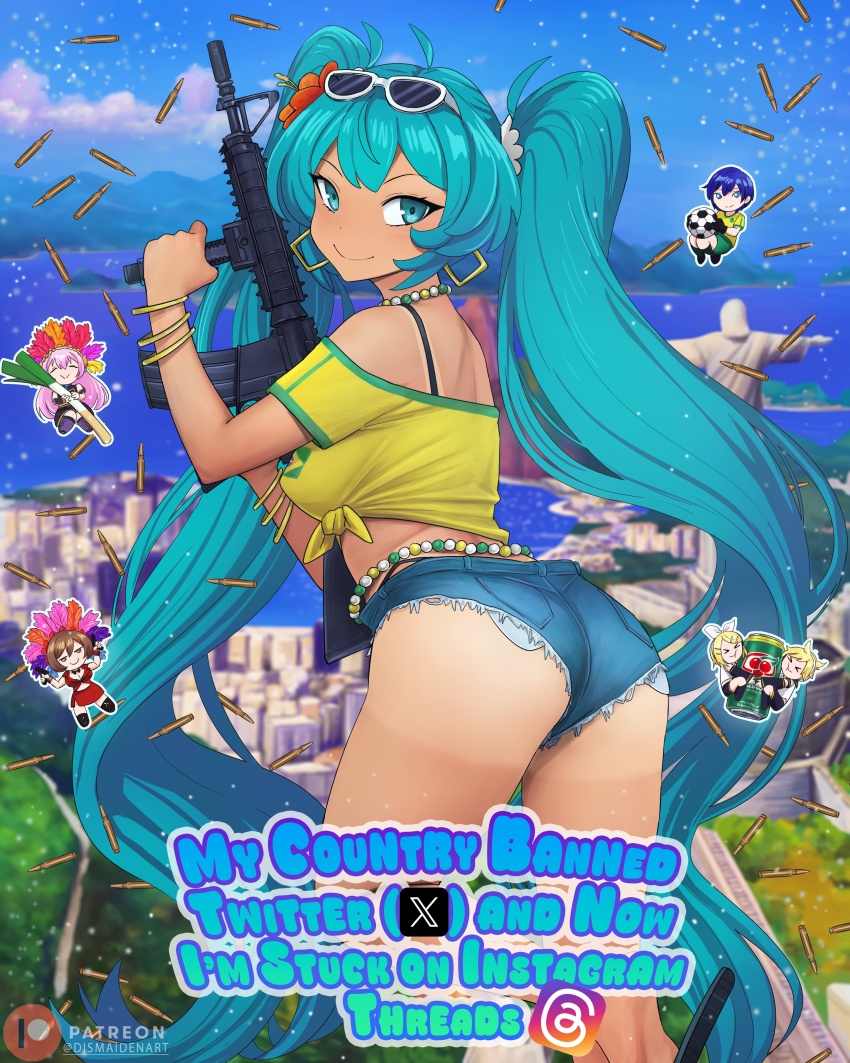 2boys 4girls absurdres aqua_eyes aqua_hair ass ass_focus assault_rifle ball bead_choker beads bikini bikini_under_clothes black_bikini blonde_hair blue_hair blue_shorts blue_sky bracelet brazil brazilian_flag brazilian_flag_print brazilian_miku brown_hair bullet can chibi christ_the_redeemer city cloud commentary denim denim_shorts dismaiden earrings english_commentary english_text exposed_pocket eyewear_on_head flag_print flip-flops flower food from_behind gold_bracelet gold_earrings guarana_antarctica gun hair_flower hair_ornament hatsune_miku highres holding holding_can holding_food holding_gun holding_spring_onion holding_vegetable holding_weapon jewelry kagamine_len kagamine_rin kaito_(vocaloid) long_hair megurine_luka meiko_(vocaloid) micro_shorts multiple_boys multiple_bracelets multiple_girls pink_hair rifle rio_de_janeiro river sandals shirt short_shorts shorts shorts_tan sky smile soccer_ball soccer_uniform sportswear spring_onion sunglasses swimsuit tan tanline the_bible tied_shirt twintails twitter_x_logo vegetable very_long_hair vocaloid water weapon worldwide_miku