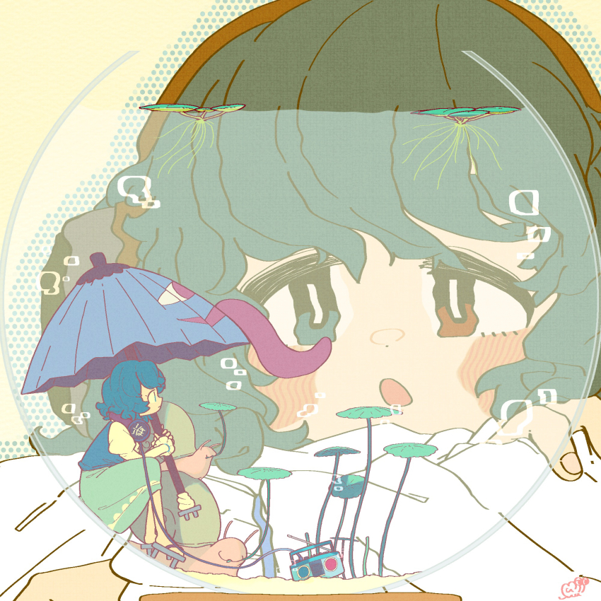 2girls album_cover blue_eyes blue_hair blue_skirt blue_umbrella blue_vest boombox bright_pupils comiket_105 commentary_request cover crossed_arms dual_persona fishbowl full_body geta headphones headphones_around_neck heterochromia highres juliet_sleeves karakasa_obake lily_pad long_sleeves mini_person minigirl muimui_(4242564muimui) multiple_girls open_mouth puffy_sleeves red_eyes shirt short_hair sitting skirt tatara_kogasa tongue touhou umbrella vest water white_pupils white_shirt