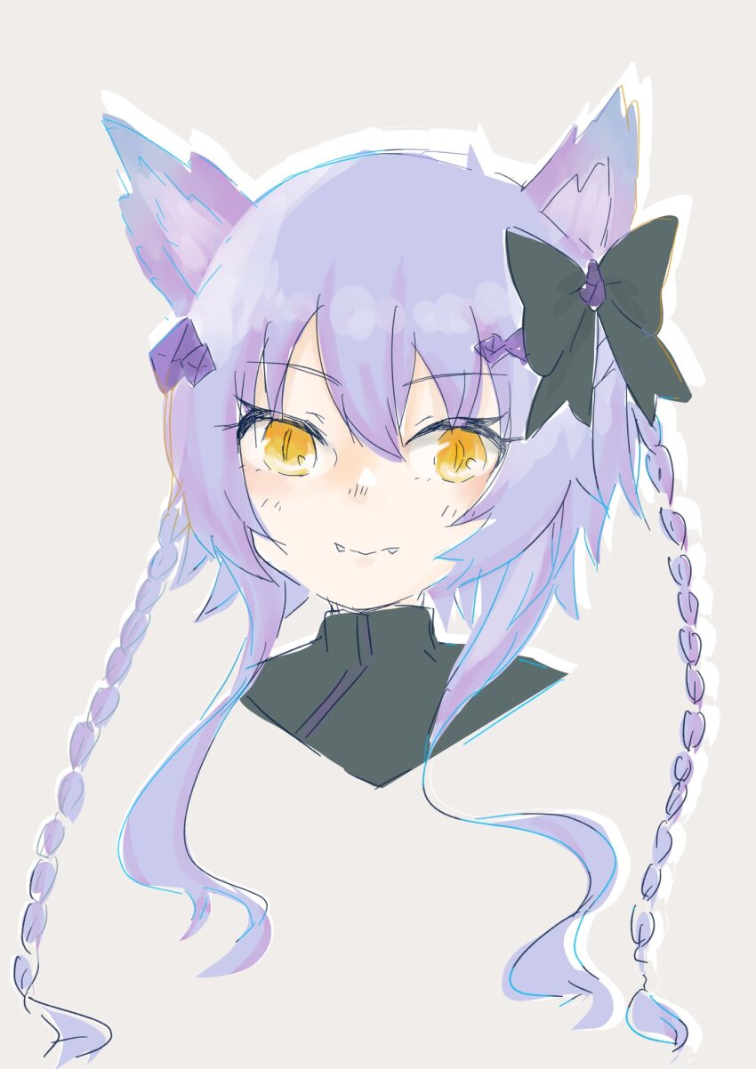 1girl animal_ears assault_lily black_bow black_shirt bow braid closed_mouth commentary_request cropped_shoulders fangs fangs_out fumi_(fumifumi3axl) grey_background hair_between_eyes hair_bow hair_ornament highres kemonomimi_mode light_blush long_hair looking_at_viewer mori_tatsuki official_alternate_costume portrait purple_hair shirt sidelocks simple_background slit_pupils smile solo twin_braids yellow_eyes