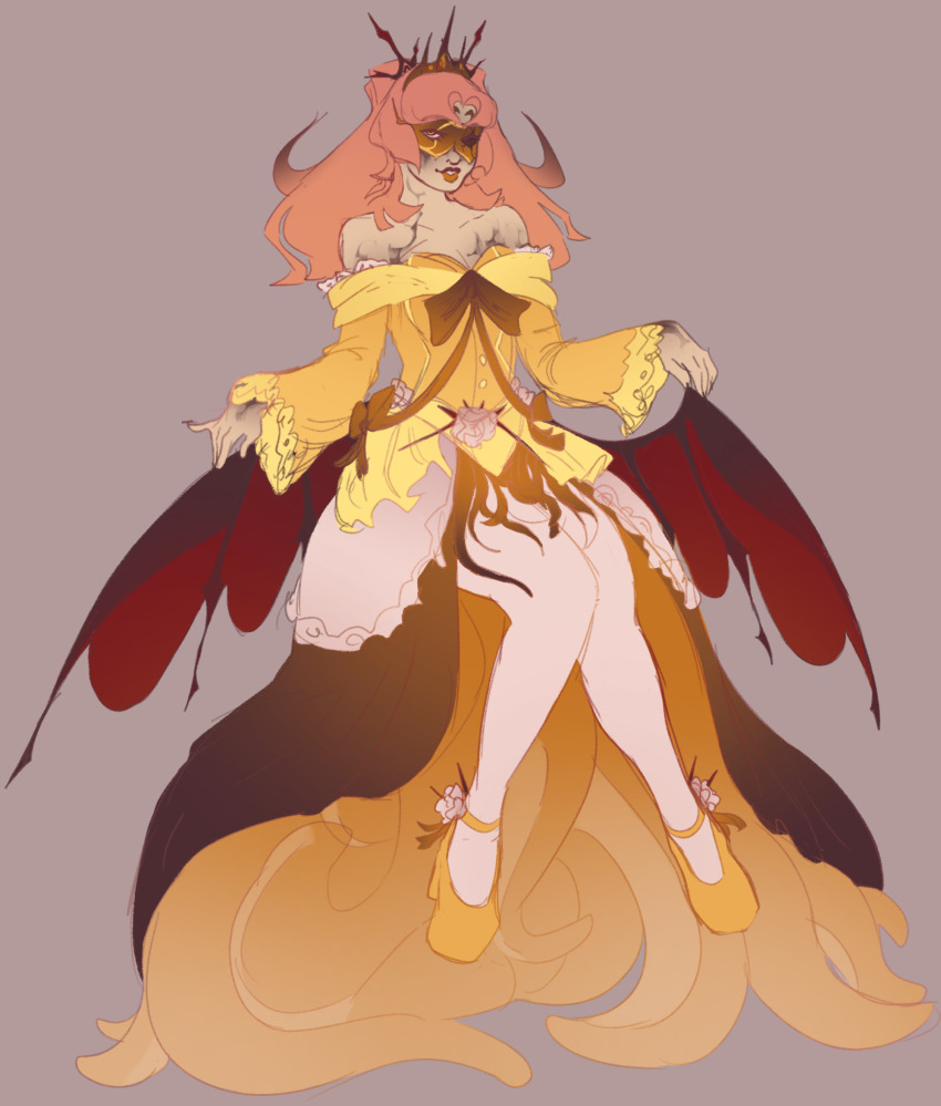 1girl bat_wings breasts cthulhu_mythos dress estir highres long_hair looking_at_viewer mask medium_breasts pink_hair smiuffzo solo sucker_for_love tentacles tentacles_under_clothes wings yellow_dress