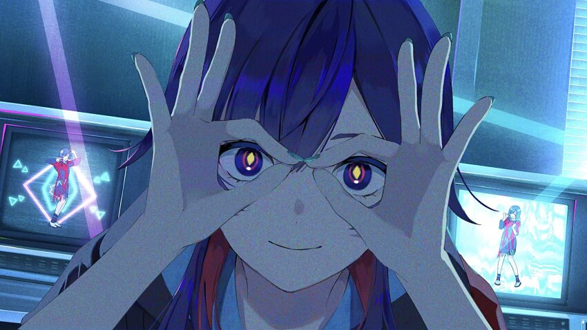 1girl blue_eyes blue_hair closed_mouth commentary_request double_ok_sign hand_glasses hands_up highres kamitsubaki_studio long_hair looking_at_viewer multicolored_eyes multicolored_hair official_art ok_sign ok_sign_over_eye portrait red_hair rim_(kamitsubaki_studio) smile solo television virtual_youtuber yellow_pupils yuribou