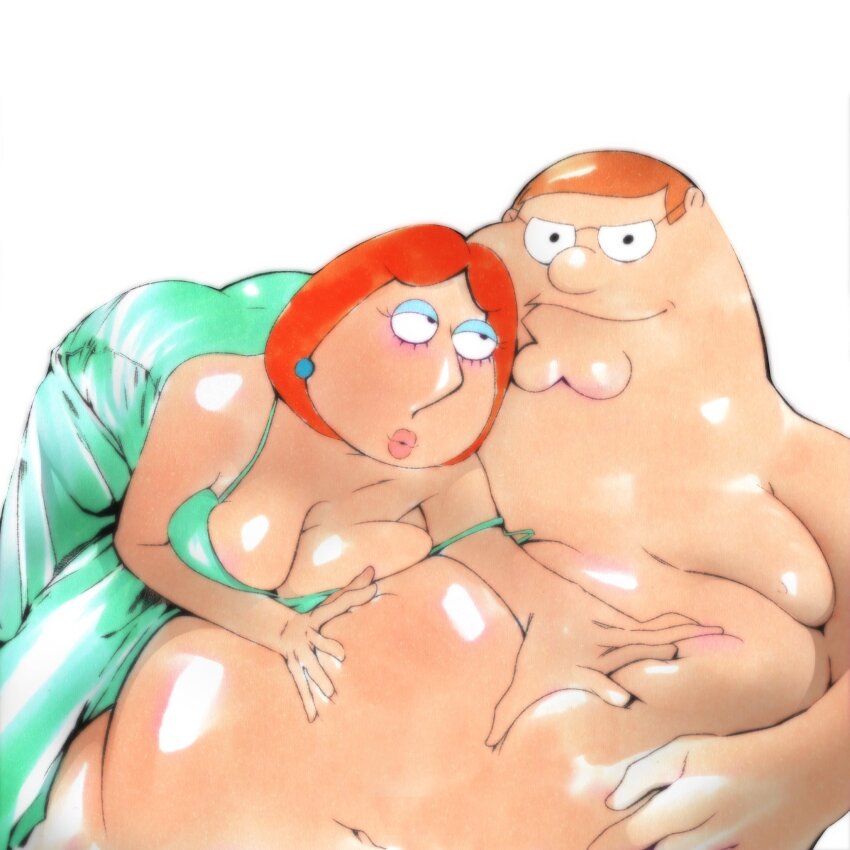 1boy 1girl artbycale blue_eyeshadow breasts brown_hair cleavage clothed_female_nude_male couple dress earrings eyeshadow family_guy fat fat_man food glasses green_dress half-closed_eyes hand_on_another&#039;s_stomach hetero highres husband_and_wife jewelry light_blush lois_griffin long_dress looking_at_another makeup medium_breasts nude pasta peter_griffin puckered_lips red_hair sleeveless sleeveless_dress spaghetti traditional_media white_background