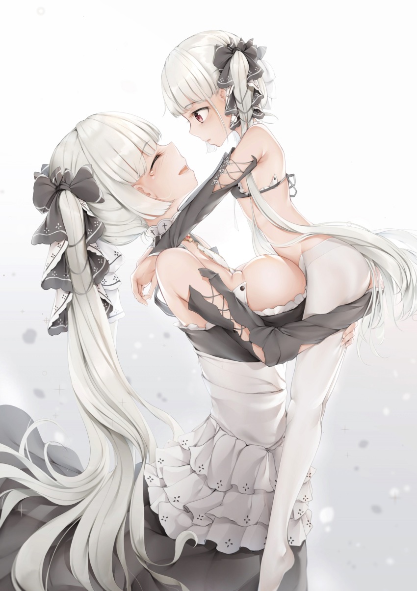 2girls aged_down an-telin azur_lane bare_shoulders black_bra black_ribbon blunt_bangs bra breast_press breasts cleavage closed_eyes commentary dress feet female_focus flat_chest formidable_(azur_lane) frilled_dress frills from_side gothic_lolita hair_ribbon highres holding_person huge_breasts lace lace_bra large_breasts legs lolita_fashion long_hair long_sleeves looking_at_another mother_and_daughter multiple_girls open_mouth pantyhose red_eyes ribbon sidelocks silver_hair smile standing tearing_up time_paradox twintails underwear very_long_hair white_legwear