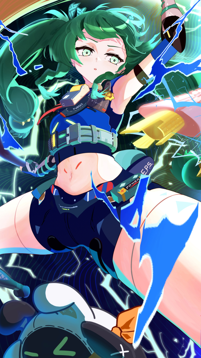 1girl armpits bangboo_(zenless_zone_zero) cowboy_shot crop_top electricity eous_(zenless_zone_zero) facing_viewer green_eyes green_hair highres joints looking_to_the_side mashiro_(0428) navel qingyi_(zenless_zone_zero) robot_joints solo spread_legs stomach zenless_zone_zero