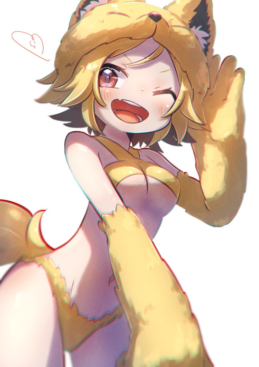 1girl animal_hands bandam blonde_hair blush bra breasts commentary_request cowboy_shot criss-cross_halter fang fox_girl fox_hat fox_tail halterneck heart highres looking_at_viewer medium_breasts moonlight_flower one_eye_closed open_mouth panties ragnarok_online ragnarok_origin red_eyes round_teeth short_hair simple_background skin_fang smile solo tail teeth underboob underwear white_background yellow_bra yellow_panties