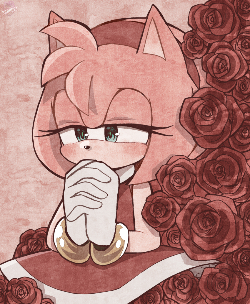 1girl amy_rose animal_ears aqua_eyes blush bracelet dress eyelashes flower furry furry_female gloves gold_bracelet hairband half-closed_eyes hedgehog_girl highres jewelry pink_hair red_dress red_flower red_hairband red_rose rose scruffyart solo sonic_(series) standing upper_body white_gloves