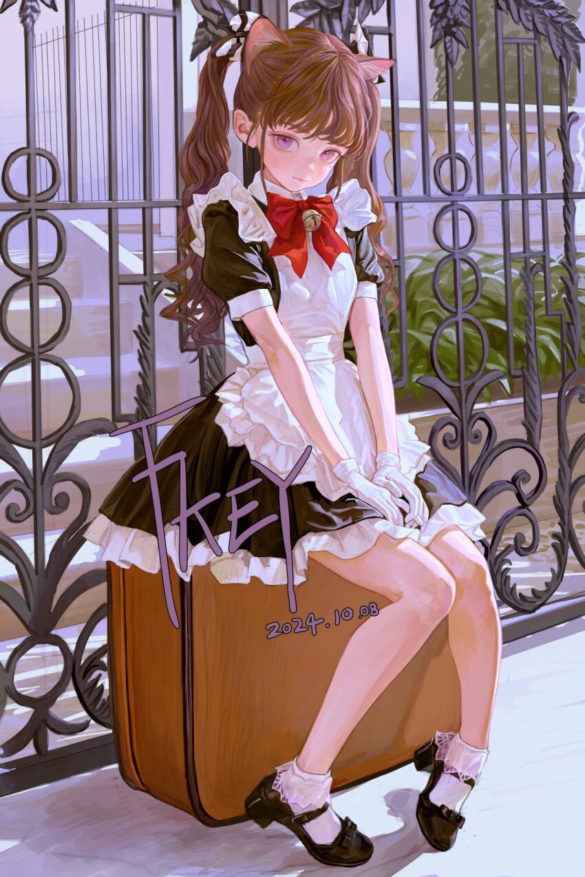 1girl animal_ears black_footwear brown_hair closed_mouth fkey full_body gloves hair_between_eyes highres long_hair looking_at_viewer maid maid_headdress original outdoors purple_eyes shadow sidelocks sitting socks solo suitcase twintails white_gloves white_socks