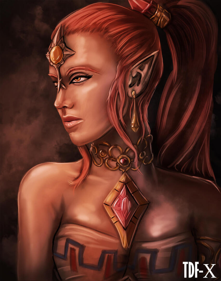 1girl armlet artist_name bare_shoulders closed_mouth commentary dark-skinned_female dark_skin earrings english_commentary forehead_jewel gem gerudo high_ponytail highres jewelry long_hair nabooru necklace nintendo orange_eyes orange_gemstone pointy_ears ponytail portrait realistic red_hair solo tdf-x the_legend_of_zelda the_legend_of_zelda:_ocarina_of_time