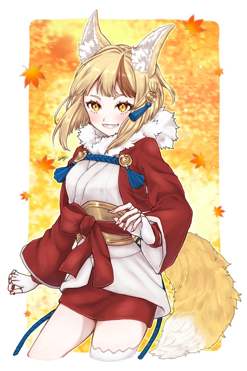 1girl animal_ears blonde_hair brown_hair fingerless_gloves fire_emblem fire_emblem_fates fox_ears fox_girl fox_tail fur-trimmed_kimono fur_trim gloves hair_ornament highres japanese_clothes kimono misato_hao multicolored_hair nintendo selkie_(fire_emblem) smile solo streaked_hair tail two-tone_hair yellow_eyes