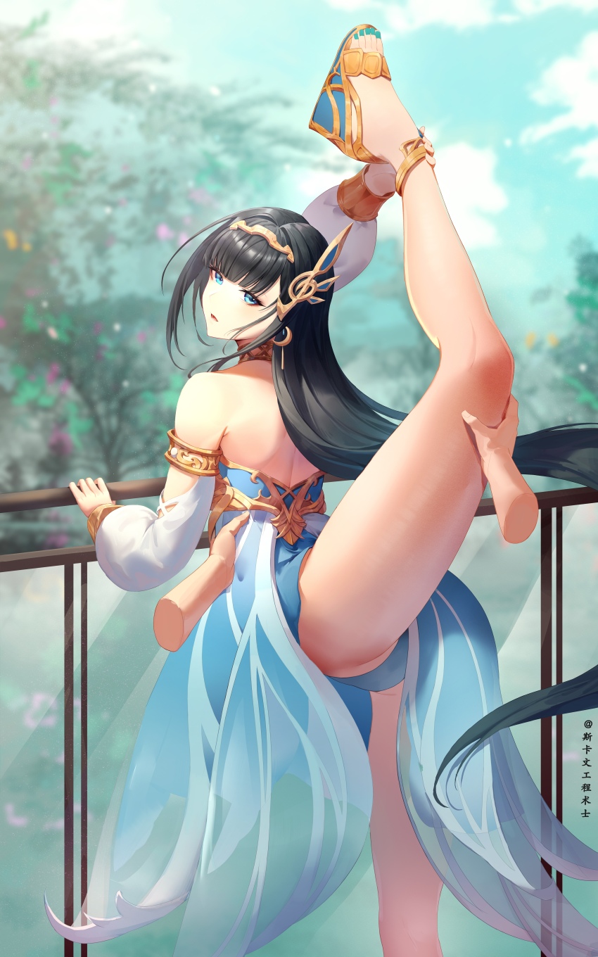 1girl absurdres bare_legs bare_shoulders black_hair blue_dress blue_eyes blue_leotard bracelet crescent crescent_earrings detached_sleeves dress earrings feet foot_out_of_frame fortissimo gold_armlet gold_bracelet hair_ornament highres holding_own_foot jewelry legs leotard long_hair long_sleeves looking_at_viewer looking_back musical_note musical_note_hair_ornament nail_polish parted_lips pov pov_hands punishing:_gray_raven sandals selena:_tempest_(aria_of_nymph)_(pgr) selena_(pgr) skaven_gongcheng_shushi toenail_polish toenails toes