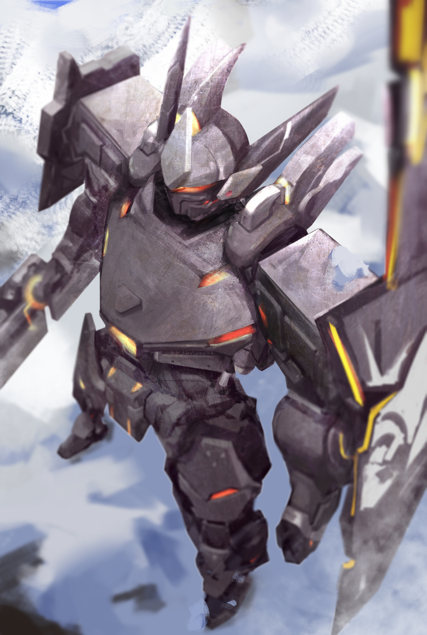 1boy absurdres blurry clenched_hand commentary_request frs full_body guardian_tales helmet highres legs_apart male_focus mecha oghma outdoors robot shadow snow solo standing