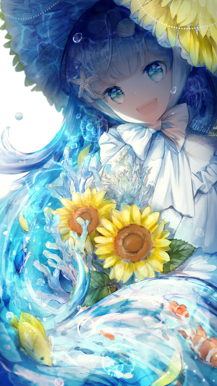 1girl :d absurdres blue_eyes bow bowtie caustics clownfish commentary coral fish flower hat highres hitoba holding holding_flower looking_at_viewer open_mouth original shell_hair_ornament smile starfish sunflower surgeonfish symbol-only_commentary tropical_fish water white_bow white_bowtie