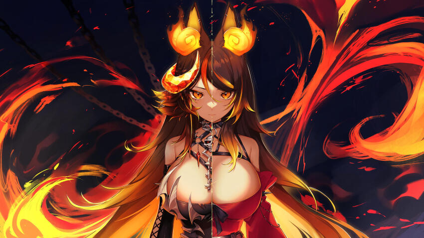 1girl animal_ears bare_shoulders black_choker blonde_hair breasts brown_hair chain choker cleavage closed_mouth demon_horns detached_sleeves dual_persona fire highres horns indie_virtual_youtuber large_breasts looking_at_viewer orange_eyes orange_hair red_shirt shirt sinder_(vtuber) sinder_(vtuber)_(1st_costume) sinder_(vtuber)_(2nd_costume) skull_ornament solo spiked_choker spikes split_theme upper_body virtual_youtuber wolf_ears yoclesh