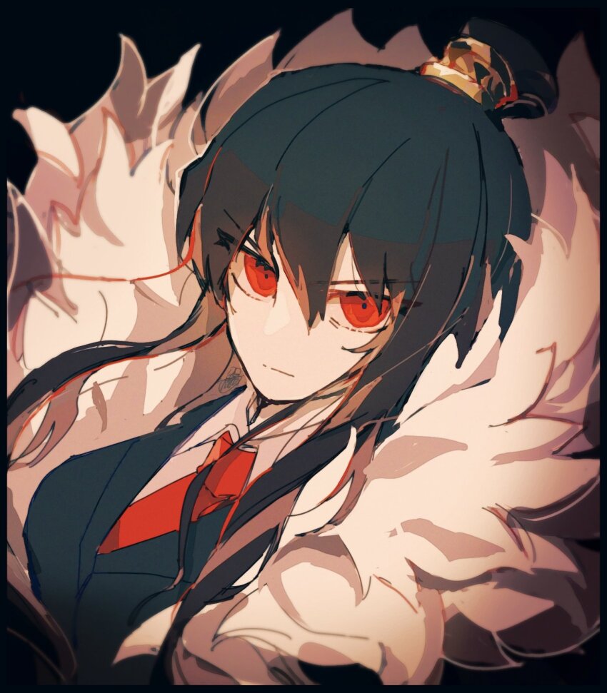 1girl black_background black_hair black_jacket closed_mouth coat collared_shirt fur-trimmed_coat fur_trim hair_bun highres jacket library_of_ruina long_hair looking_at_viewer necktie project_moon red_eyes red_necktie serious shirt sidelocks simple_background solo surumenabe upper_body very_long_hair white_shirt xiao_(project_moon)