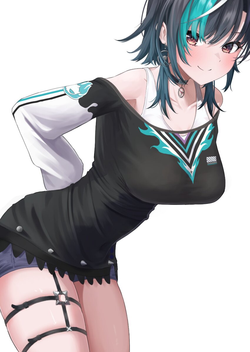 1girl absurdres aqua_hair black_choker black_dress black_hair breast_focus breasts bright_pupils card choker colored_inner_hair denim denim_shorts dress earrings hand_on_own_back highres hololive hololive_dev_is jewelry kakinotane_e large_breasts leaning_forward long_sleeves looking_at_viewer medium_hair multicolored_hair o-ring o-ring_thigh_strap off-shoulder_dress off_shoulder red_eyes rindo_chihaya ring short_dress short_hair shorts shorts_under_dress smile solo streaked_hair tank_top teeth thick_thighs thigh_strap thighs virtual_youtuber white_background white_hair white_tank_top