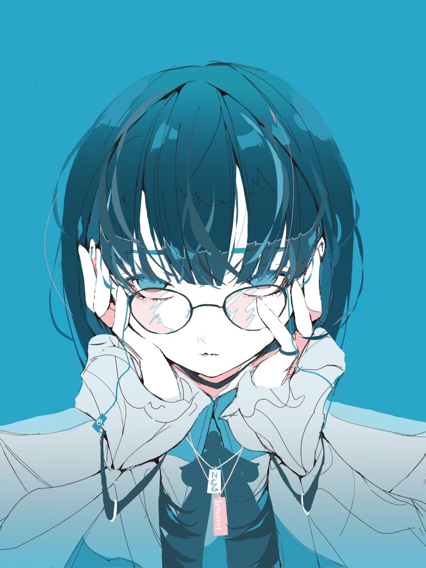 1girl blue_background blue_hair closed_eyes glasses highres long_sleeves nocopyrightgirl original pale_skin portrait simple_background solo