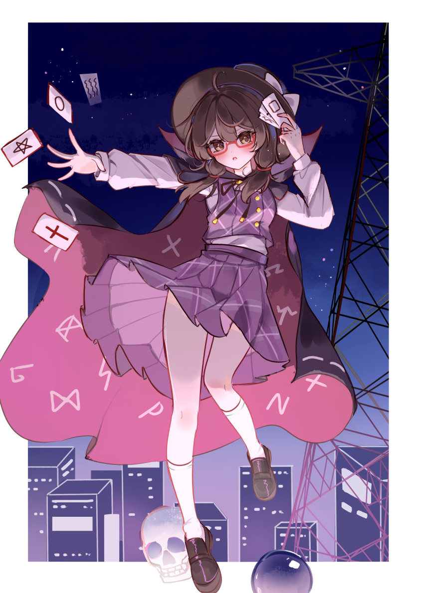 1girl absurdres black_footwear bow breasts brown_eyes brown_hair building cape card crystal_ball full_body glasses hat hat_bow highres holding holding_card long_hair long_sleeves low_twintails plaid_clothes pleated_skirt power_lines red-framed_eyewear runes school_uniform shen_bi_ren_(user_rjgy2824) shirt skirt skull skyscraper small_breasts socks solo thighs touhou twintails usami_sumireko vest white_shirt