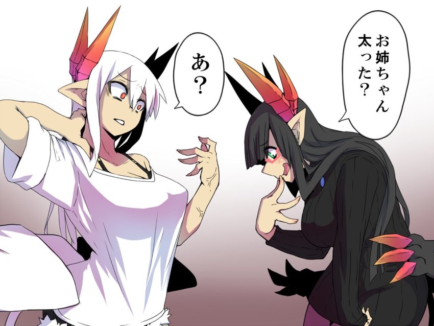 2girls anger_vein bare_shoulders black_bra black_hair black_sweater black_wings bra bra_strap breasts demon_girl demon_tail denim denim_shorts feathered_wings green_eyes large_breasts lorem_(mazohaha) merii_(mazohaha) multiple_girls musuko_ga_kawaikute_shikatanai_mazoku_no_hahaoya pointy_ears prototype_design red-framed_eyewear red_eyes ribbed_sweater shirt shorts siblings sisters speech_bubble sweater tail underwear white_background white_hair white_shirt white_wings wings zyugoya